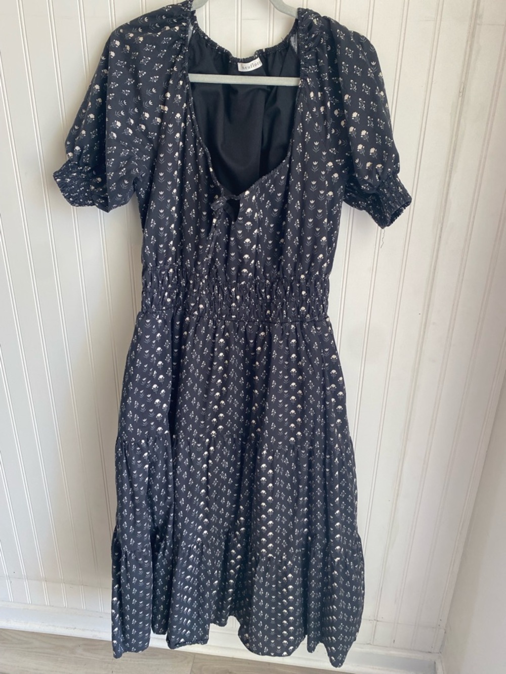 Smocked Waist Black Floral Midi Dress with Puff Sleeves